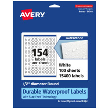Etichette rotonde impermeabili durevoli Avery Tecnologia Sure Feed Diametro 0,5"" 15.400 Etichette impermeabili totali resistenti all'olio e allo