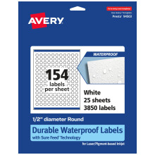 Etichette rotonde impermeabili durevoli Avery Tecnologia Sure Feed Diametro 0,5"" 3.850 Etichette impermeabili totali resistenti all'olio e allo s