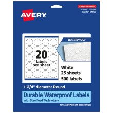 Etichette rotonde impermeabili durevoli Avery Tecnologia Sure Feed Diametro 1,75"" 500 Etichette impermeabili totali resistenti a olio e strappi S