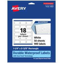 Avery Durable Waterproof Rectangle Labels  Sure Feed Technology  1-1/4"""" x 2-3/8""""  900 Total  Oil and Tear-Resistant Waterproof Labels  Print-to