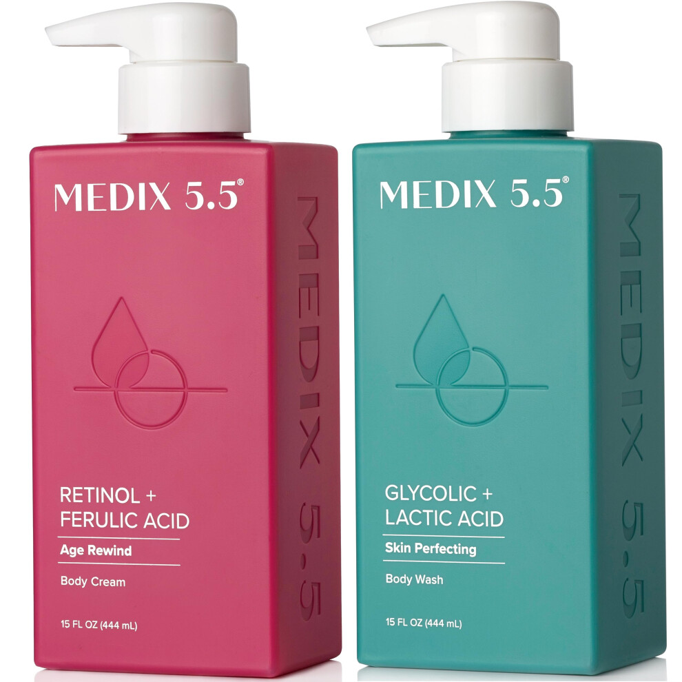 Medix 5.5 Cream Exfoliating Aha Glycolic Acid Face & Body Wash Cleanser + Retinol Moisturizing Body Lotion Skin Care 2Pc Set | Alpha Hydroxy Acid