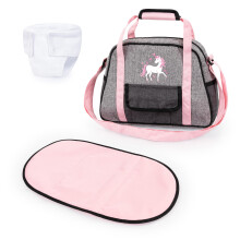 Bayer Design: Kinderkamerset - Poppentassenset - Grijs-roze Eenhoorn - Accessoireset met aankleedkussen en luier Verstelbare schouderband Kindere