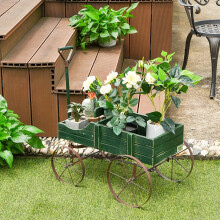 DORTALA Wood Wagon Planter Outdoor Garden Flower Planter Cart with Wheels Small Decorative Wood Raised Bed Plant Pot Box Stand for Backyard Pa