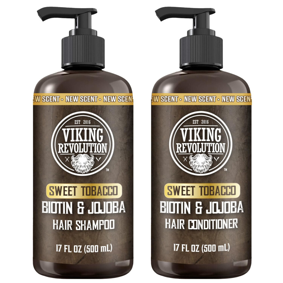 Viking Revolution Sweet Tobacco Mens Shampoo and Conditioner Set with Biotin and Jojoba Oil - Natural Hair Shampoo and Hair Conditioner for Men w