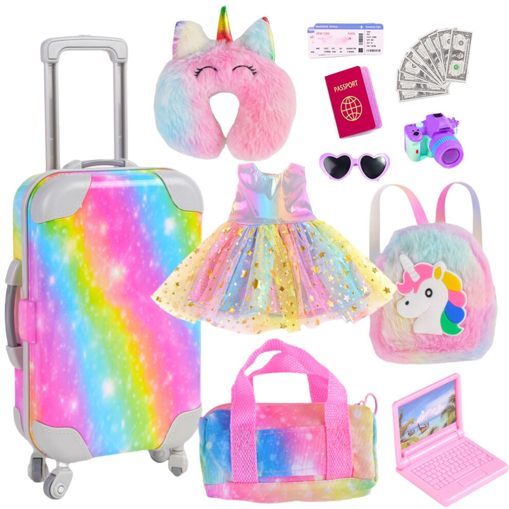 18 Inch Doll Accessories Rainbow Suitcase Luggage Travel Set - Doll Dress Suitcase Unicorn Backpack Duffle Bag Neck Pillow Colorful Design