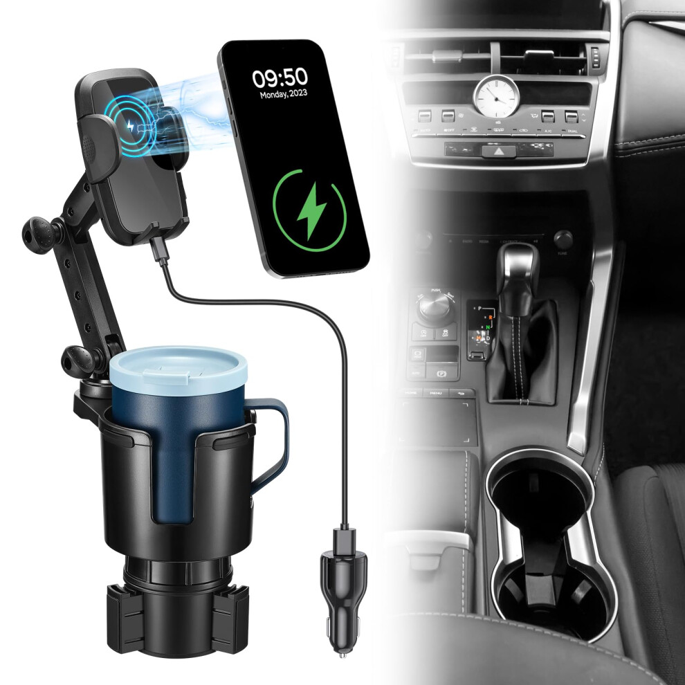 This Hill Cup Holder Phone Charger 15W Fast Charging Auto Clamping Phone Holder For Cup Holder Charger With Adjustable Base & 360 Rotation Comp 785366477382