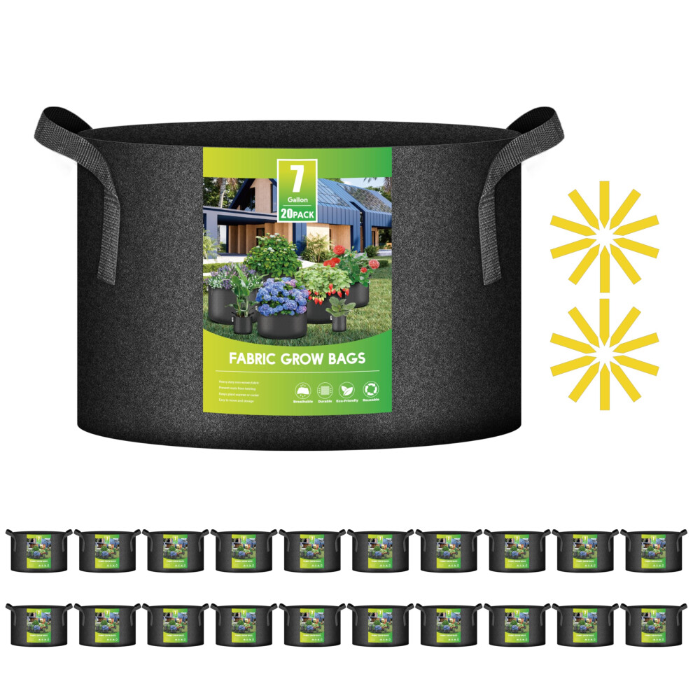 iPower 20-Pack 7 Gallon Grow Bags 300G Thick Nonwoven Aeration Fabric Pots Heavy Duty Plant Containers with Handles for Garden Planting Black