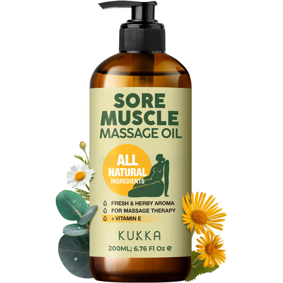 Kukka Essential Oils Kukka Sore Muscle Massage Oil For Massage Therapy - 6.76 Fl Oz - 100% Pure Natural Eucalyptus & Roman Chamomile Relaxing Body & Face Oil For So