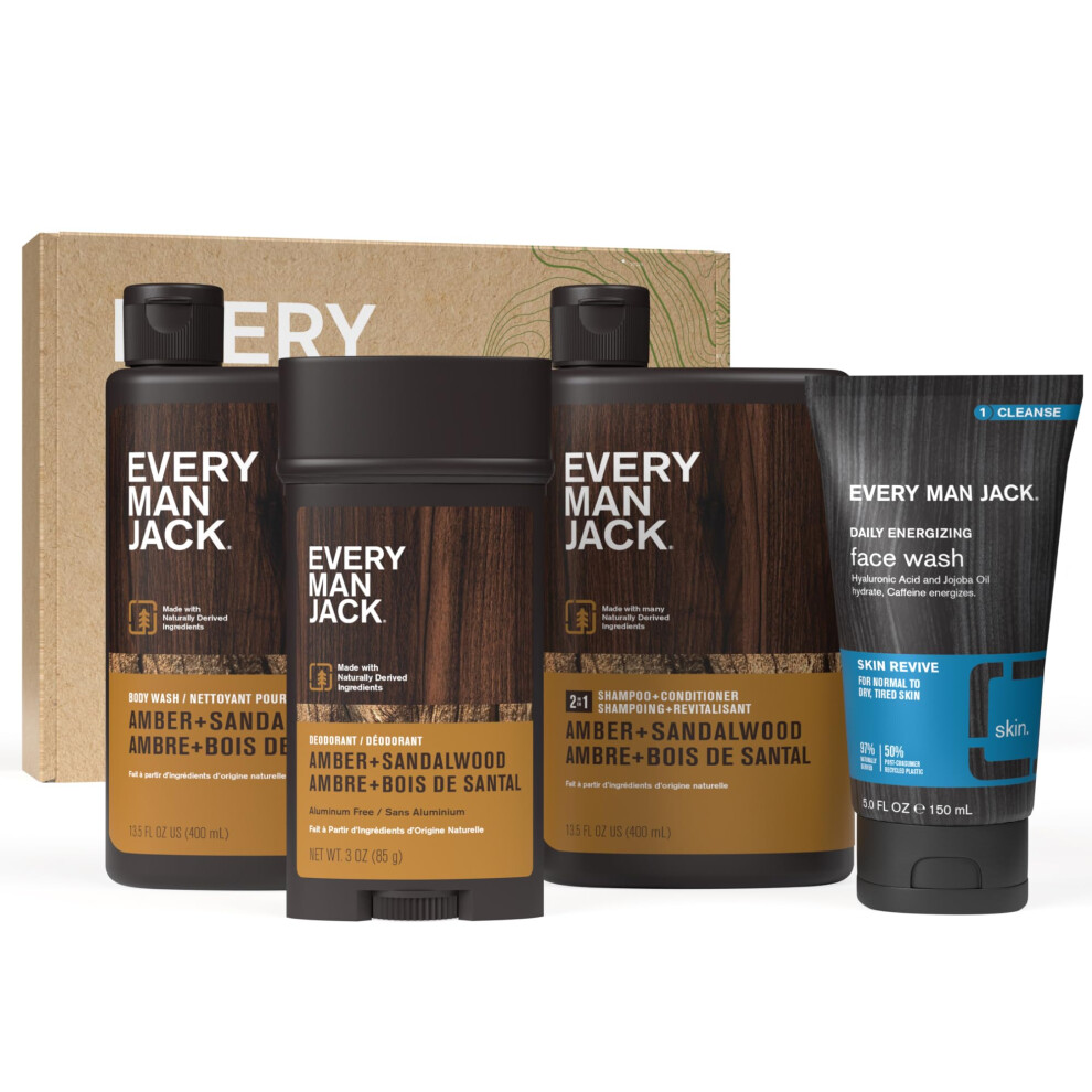 Every Man Jack Mens Amber + Sandalwood Bath and Body Gift Set - Clean Ingredients & Sandalwood Amber and Vetiver scent - Round Out His Routine