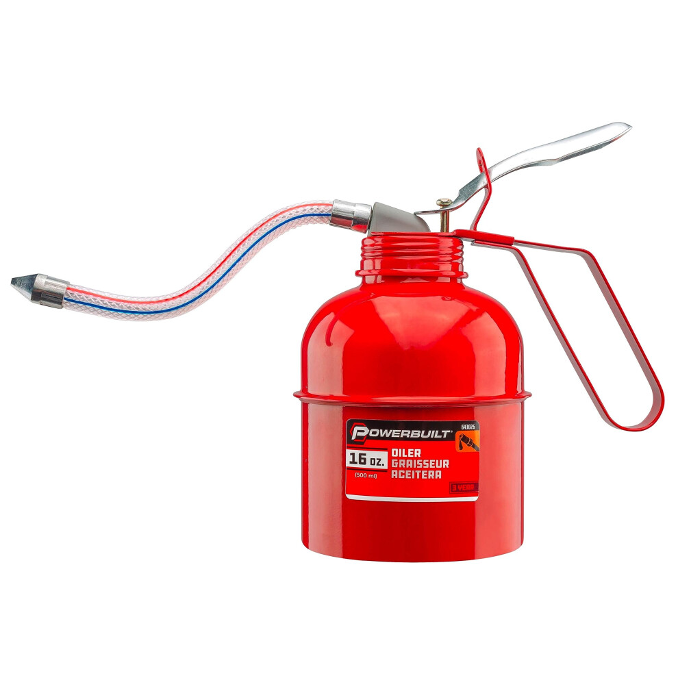 Powerbuilt Oil Lubrication Can 1 Pint Capacity  Thumb Lever Pump Handle  Flexible Hose Spout  Car  Machinery - Red 643026-image-OPC-PHWV9WK-NEW