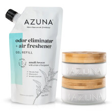 Azuna Air Freshener & Odor Eliminator for Strong Odor | 2 Room Kit Includes (2) 8 oz. Empty Luxe Glass Jars & 12 oz | Refill with Tea Tree Essent
