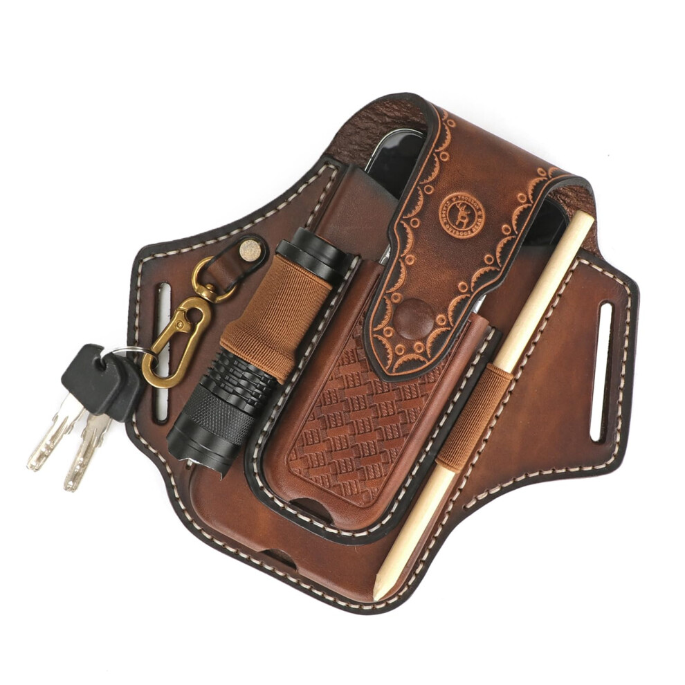 Tourbon Leather Cell Phone Holster Pouch Case Tool Multitool Sheath Flashlight Slot Holder & Keychain Clip With Magnetic Closure For Belt 746555717924