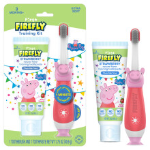 Firefly First Peppa Pig Training Kit Light Up zubn kartcek s extra mekkmi tetinami a trninkovou zubn pastou s prrodn jahodovou prchut 1,75