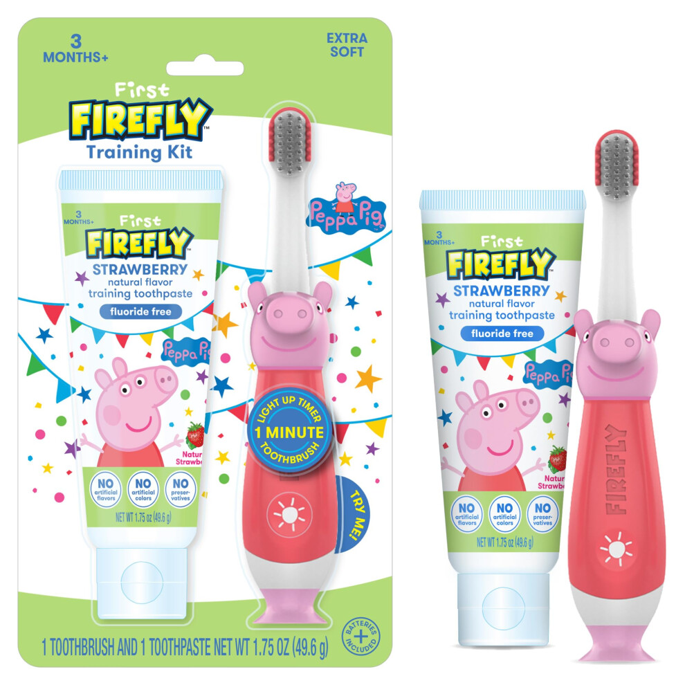 Firefly First Peppa Pig Training Kit Light Up Toothbrush With Extra Soft Bristles And Natural Strawberry Flavor Training Toothpaste 1.75 Oz