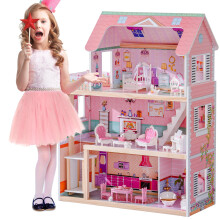 ROBOTIME Tr?dukkehuse Dukkehuse Leges?t med 24 stk. m?bler til 4 5 6-tommers dukkehusgave til 3-?rige piger (Pink)