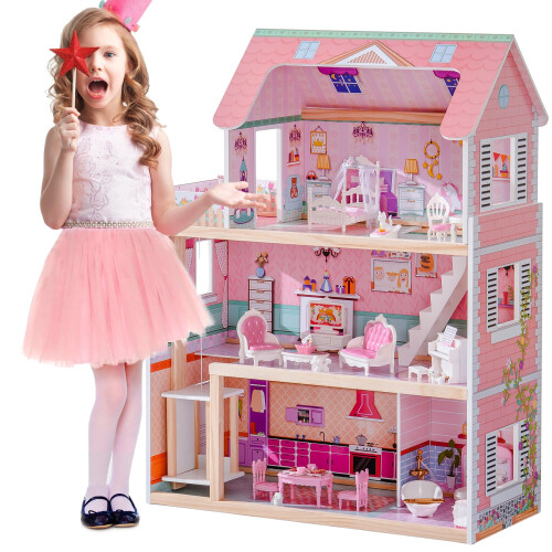 Casa de bonecas de madeira ROBOTIME Playset com 24 peas de mveis para 4 5 6 polegadas bonecas presente para meninas de 3 anos ou mais (rosa)