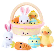 JOYIN 5 Pcs Easter Basket Plush Playset Filled Basket with Bunny Chick Egg Carrot Easter Toys Gifts Prefilled with Animal Stuffers for Baby Tod