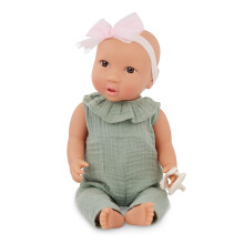 LullaBaby Boneca realista de 14 polegadas Olhos azuis, tom de pele justo e corpo macio que pode ser abraado Macaco verde com faixa de cab