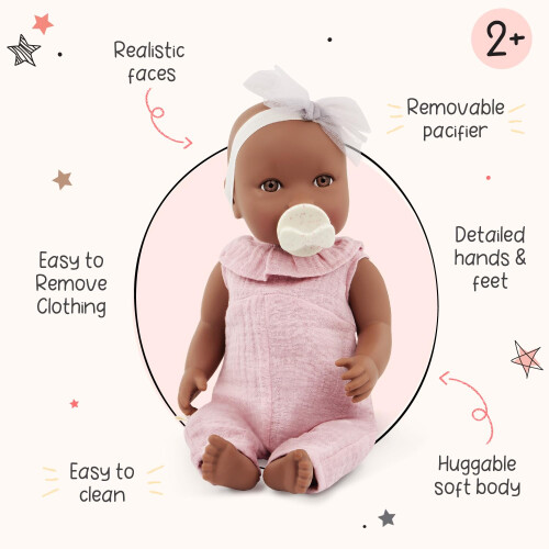 LullaBaby  Boneca realista de 14 polegadas  Olhos castanhos, tom de pele quente e corpo macio que pode ser abraado  Macaco rosa com faixa de 2