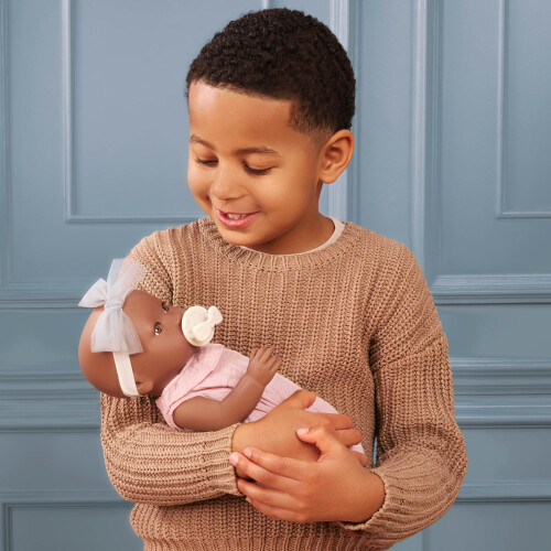 LullaBaby  Boneca realista de 14 polegadas  Olhos castanhos, tom de pele quente e corpo macio que pode ser abraado  Macaco rosa com faixa de 1