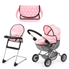 Bayer: Cozy 3 Piece Set - Pink Grey Stars - Folding Pram Highchair Shoulder Bag Accessory Set for Dolls Up to 18"""" Kids Toy Ages 3+