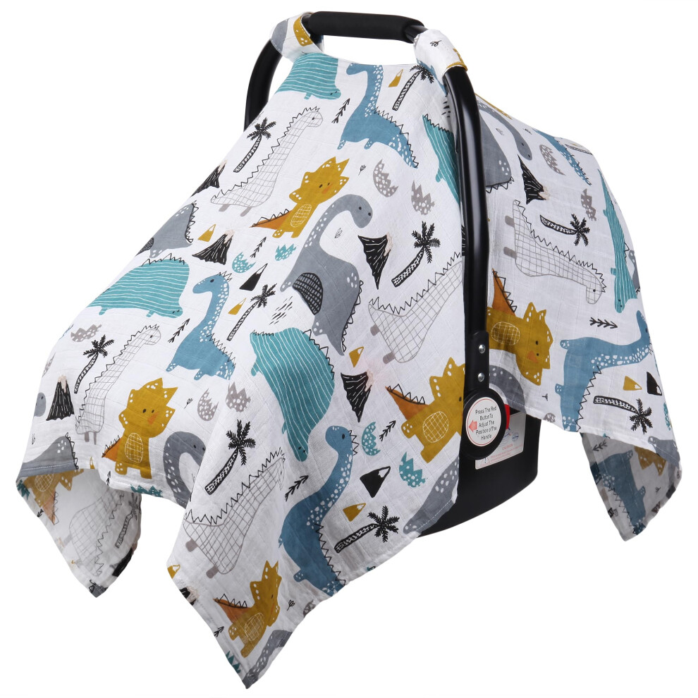 Dinosaurs Carseat Cover - Muslin Cotton Infant Car Seat Canopy, Breathable Baby Carrier Cover, Summer Stroller Sun Shade Rquite