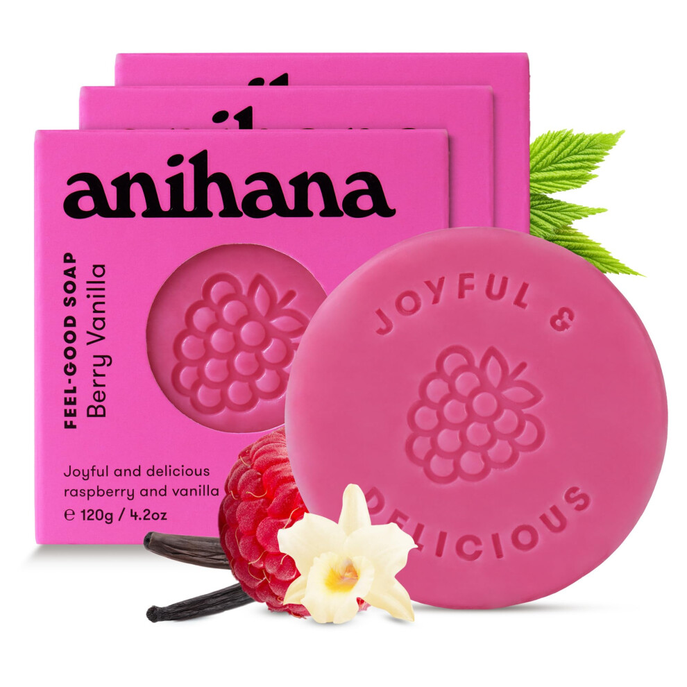 Anihana Feel-Good Soap 3 Pack With Coconut Oil And Shea Butter Gentle Cleansing Paraben Free Cruelty Free Refreshing Berry Vanilla Scent 4.2