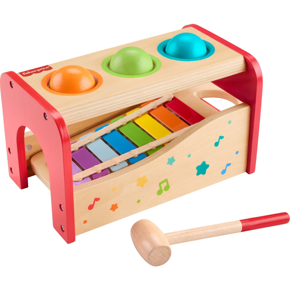 Fisher-Price Wood Toddler Toy Pound & Tap Bench Xylophone  6-Piece Wooden Musical Activity for Preschool Kids Ages 18+ Months