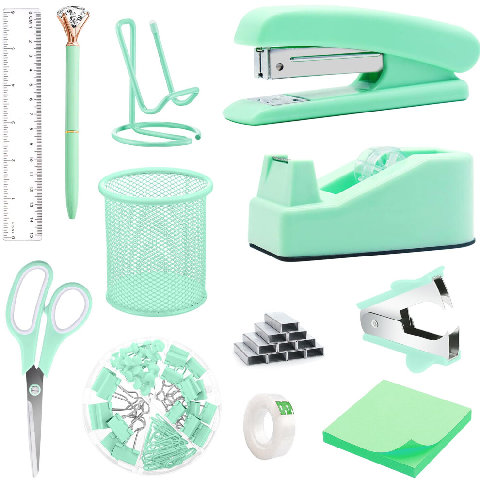 Green Office Supplies  Green Desk Accessories  Stapler  Staple Remover  Tape Holder  Pen Holder  Ballpoint Pen  Scissor  Binder Clips  1000pcs St-image-OPC-PHWVHJG-NEW