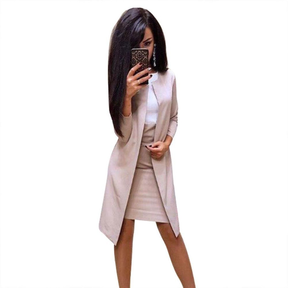 (tan, M) Women's Casual Business Suit Large Size Slim Jacket + Short Skirt 2 Piece Set