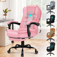 (Archie - Pink (Pu Leather), Upgraded 8-Point Massage) Office Chair with 8-point Massage Seat Heated, PC Desk Gaming Chair with Armrests Footrest High Back 150 Recliner Tilt Padded Swivel PU Leather