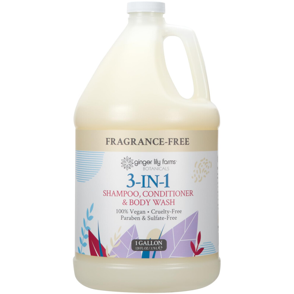 Ginger Lily Farms Botanicals 3-In-1 Shampoo Conditioner & Body Wash 100% Vegan & Cruelty-Free Fragrance Free 1 Gallon (128 Fl Oz) Refill