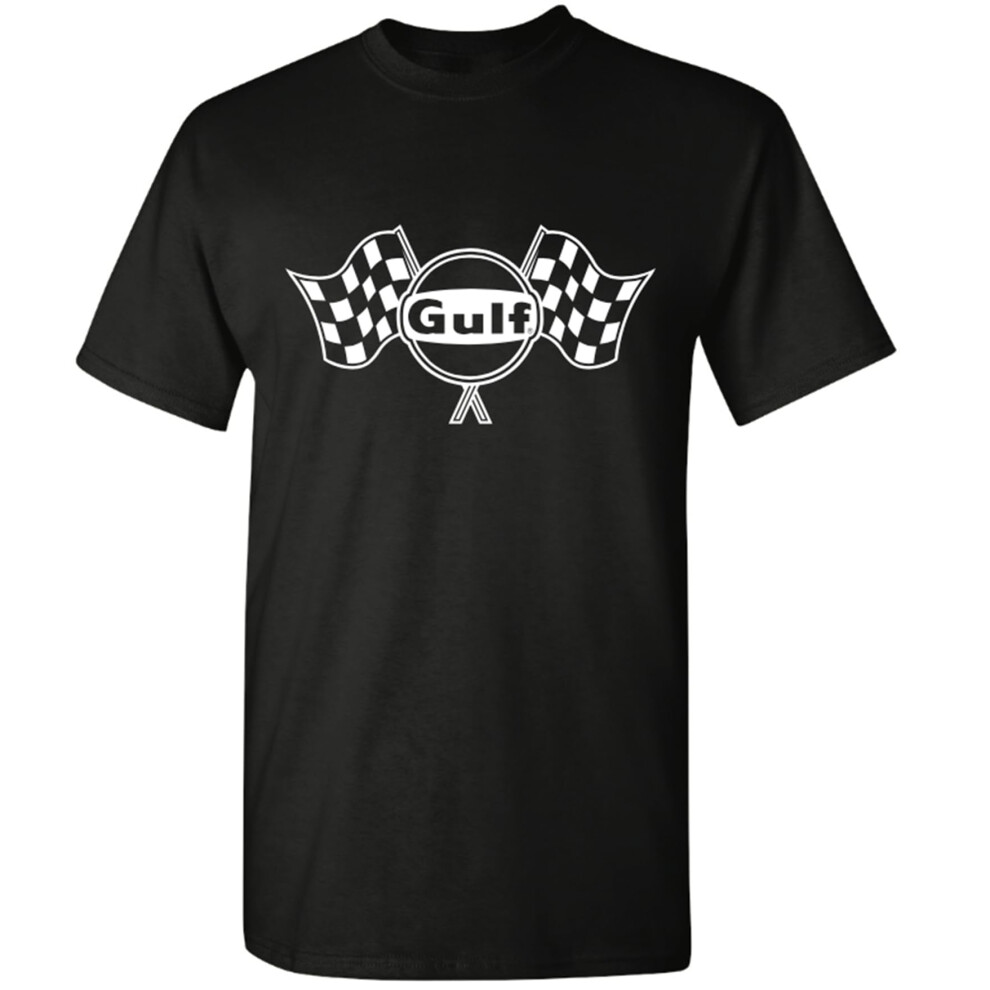 Gulf Oil Oil Con Licenza Ufficiale Maglietta A Manica Corta Maschile Logo Classico Gulf Classic Con Bandiere Di Finitura Grafica (Us Alpha Large Blac