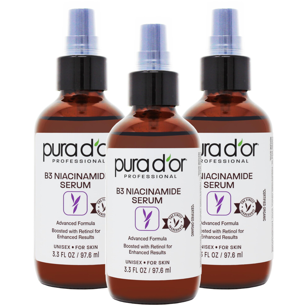 Pura D'or B3 Niacinamide Advanced Facial Serum (3.3Oz X3 = 9.9Oz) Skin Care Formula With Retinol For Wrinkles Hydration & Complexion - All Skin