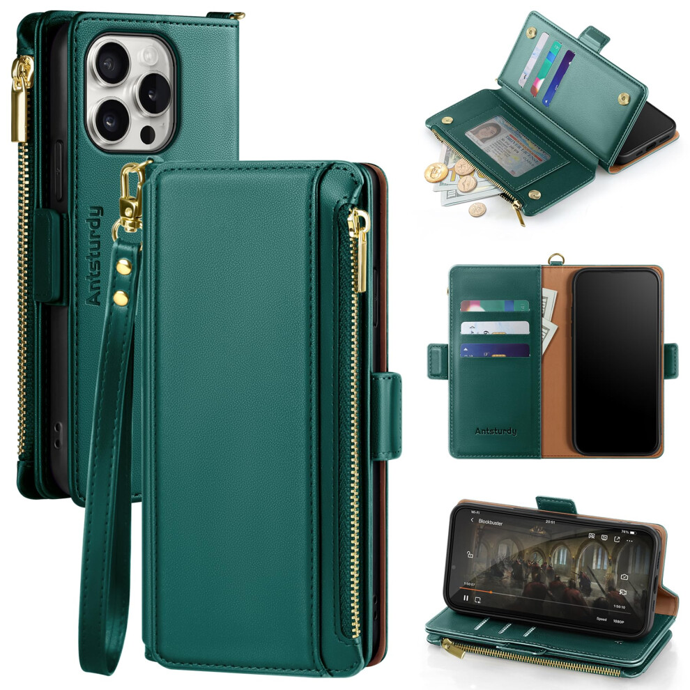 Antsturdy Compatible With Iphone 16 Pro Wallet Case Rfid Blocking Pu Leather Phone Case Women Men Kickstand Flip Cover Wrist Strap Zipper Credit 770642798824