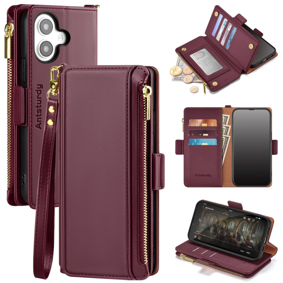 Antsturdy Compatible With Iphone 16 Plus Wallet Case Rfid Blocking Pu Leather Phone Case Women Men Kickstand Flip Cover Wrist Strap Zipper Credit 770642799210