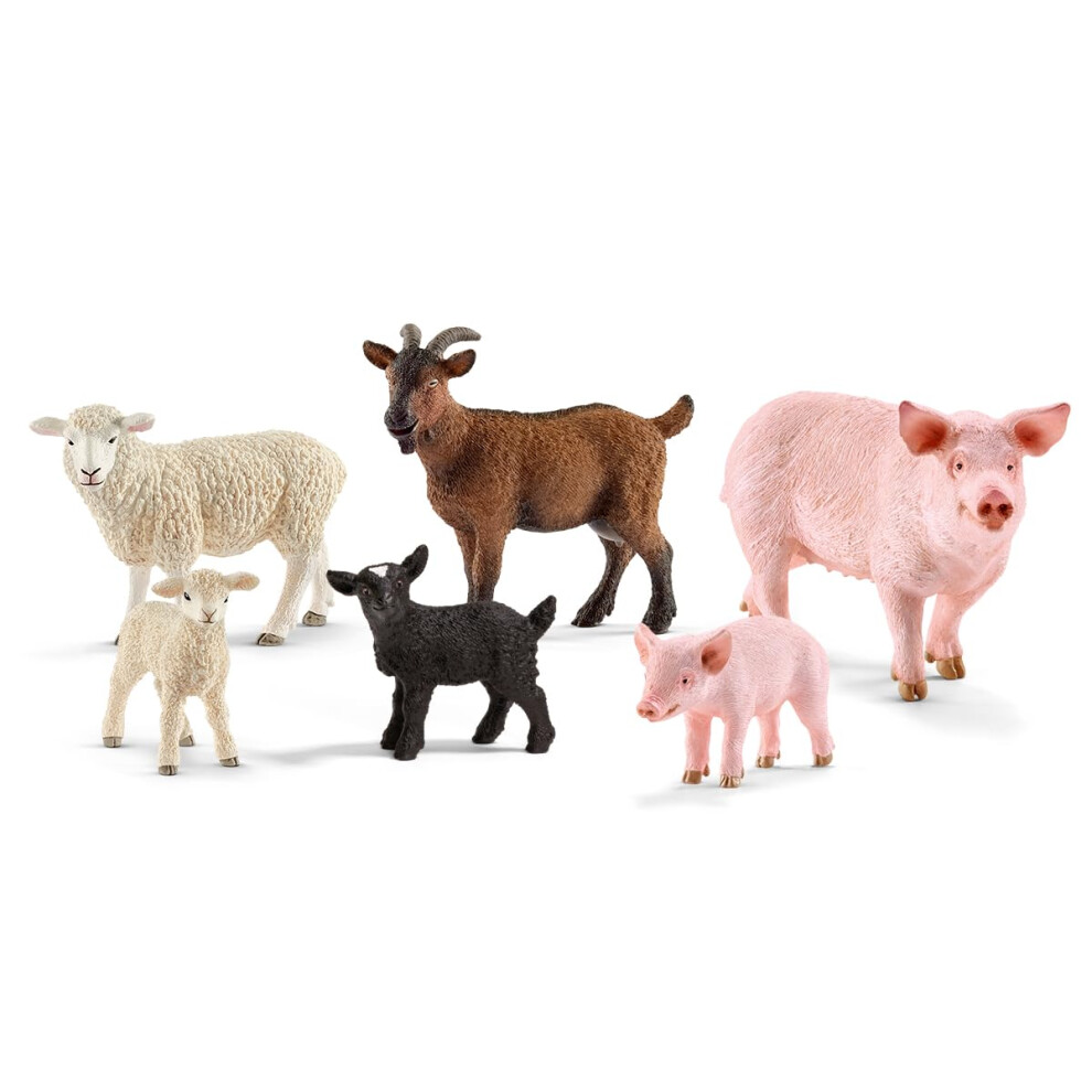 Schleich Farm World Farm Animal Toys for Toddlers & Kids Ages 3+ 6-Piece Mom and Baby Toy Farm Animal Set Pig Piglet Goat Goat Kid Lamb and