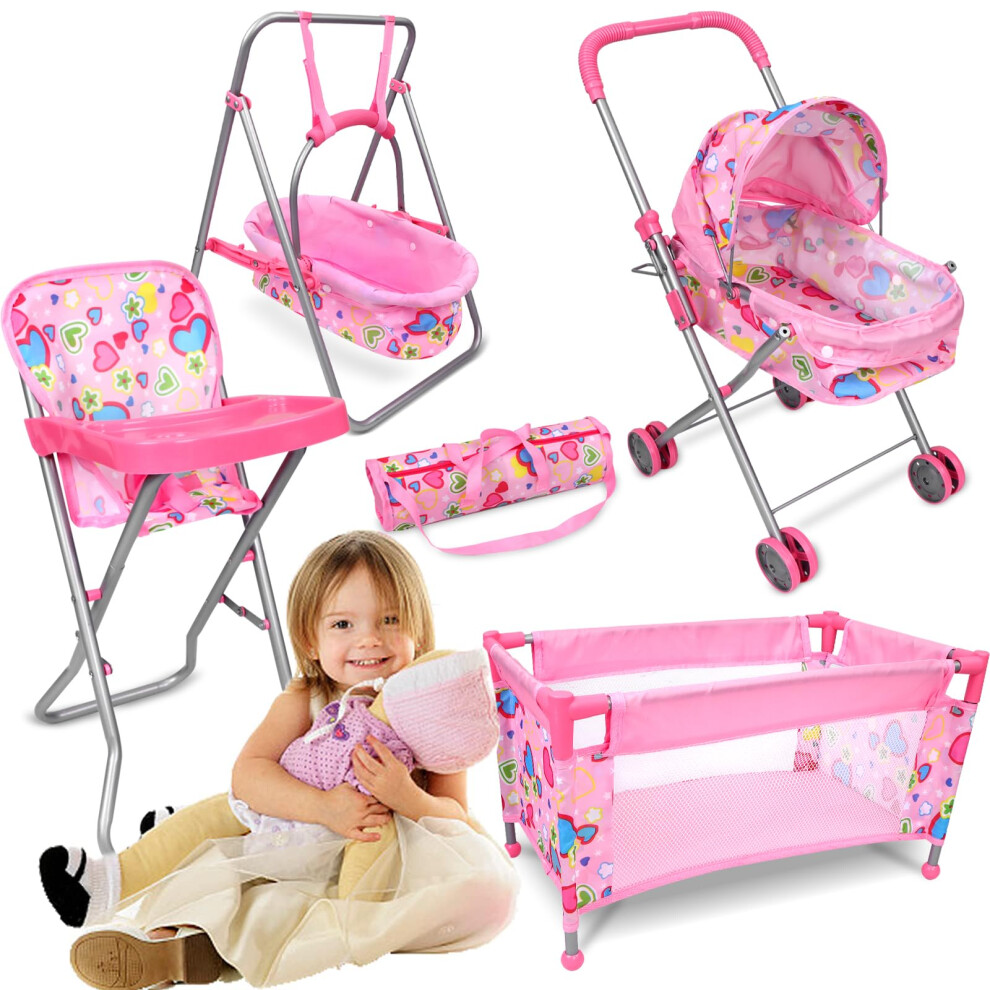 uyakhom 5 Pcs Baby Doll Stroller Set Doll Accessories Nursery Playset Set with Foldable Baby Doll Stroller Doll Crib Doll High Chair Swing Storag