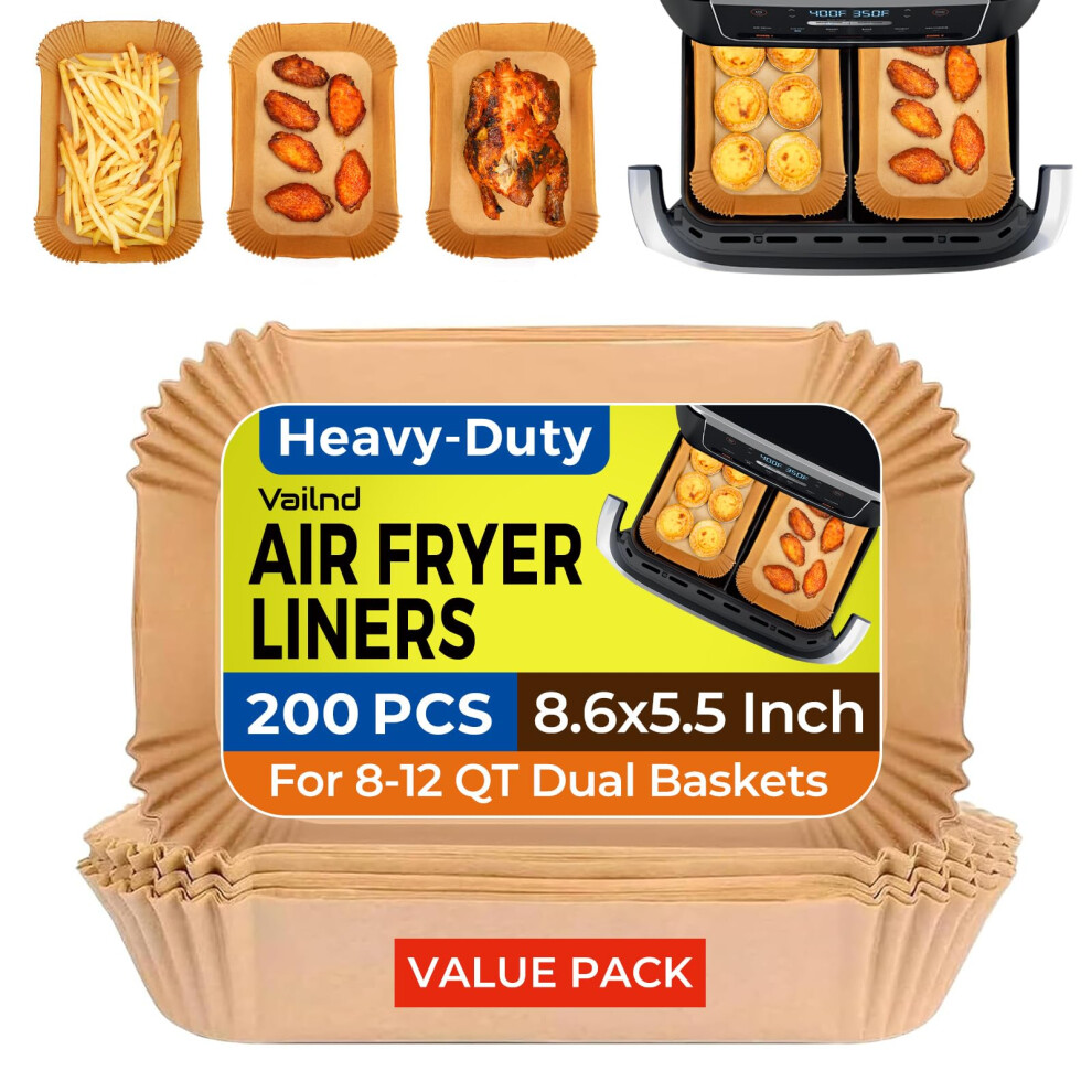 Air Fryer Liners Disposable for Dual Basket 200Pcs Rectangle Parchment Paper Liner for Ninja DZ201 DZ401 Chefman/COSORI 2-Basket Air Fryer Oil
