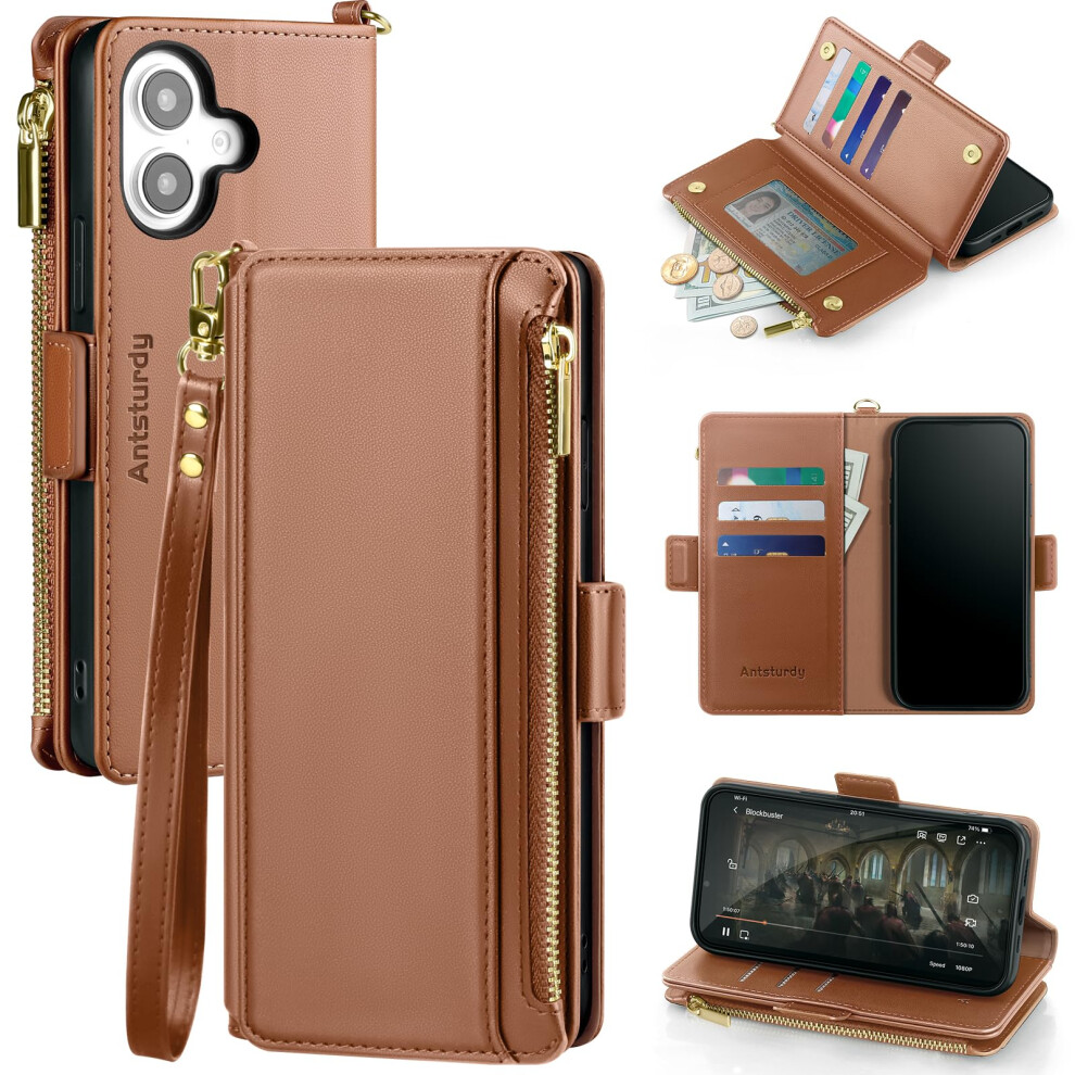 Antsturdy Compatible With Iphone 16 Plus Wallet Case Rfid Blocking Pu Leather Phone Case Women Men Kickstand Flip Cover Wrist Strap Zipper Credit 770642799937