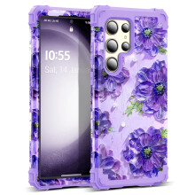 SleekCover for Galaxy S23 Ultra Case 3 in 1 Oil Painting Flower Pattern Heavy Duty Shockproof Protection Silicone Rubber Bumper+Hard Plastic Prot