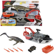 Matchbox Toy Car Playset Jurassic World 12.5 Dino Boat com 13 Mosasaurus Dinosaur 1:64 Die-Cast Jeep Harpoon Missiles e destacvel barco de resga