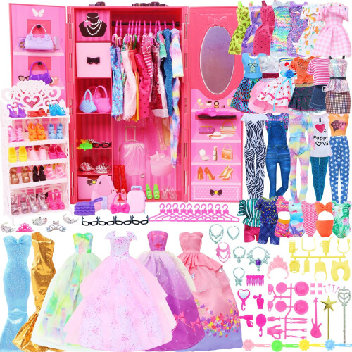 127 peas de roupas de boneca, acessrios e armrio para boneca de menina de 11,5 polegadas, casa de bonecas, armazenamento de guarda-roupa, vest