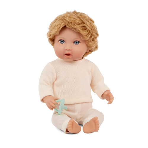 LullaBaby - Boneca realista de 14 polegadas - Cabelo loiro claro ondulado, olhos azuis e corpo macio - Roupa de suter rosa e chupeta Brinquedos