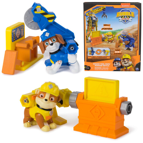 Rubble & Crew Power Tool Pups Bonecos de brinquedo Rubble & Wheeler com 2 ferramentas de construo e 2 acessrios de construo Brinquedos infan