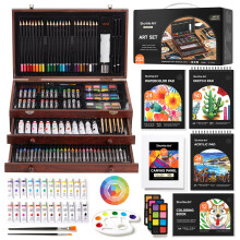 Shuttle Art Deluxe Gift Art Kit 202-dele trkunstartikler st med 4 tegneblokke Lrreder Farveark Akrylmaling farveblyanter Oliepastellfarvede bl