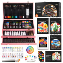Shuttle Art Deluxe Gift Art Kit 202-dele trkunstartikler st med 4 tegneblokke Lrreder Farveark Akrylmaling farveblyanter Oliepastellfarvede bl