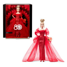 Barbie Signature Doll Mattel 80e anniversaire Collectible en robe en tulle rouge scintillant avec boucles d'oreilles et gants transparents