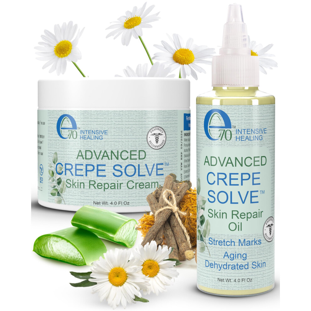 E70 Crepe Cream & Firming Oil Crepe Skin Set Women & Men - With Natural Oils Licorice Root & Chamomile Extract - Crepey Skin Tightening Cream &