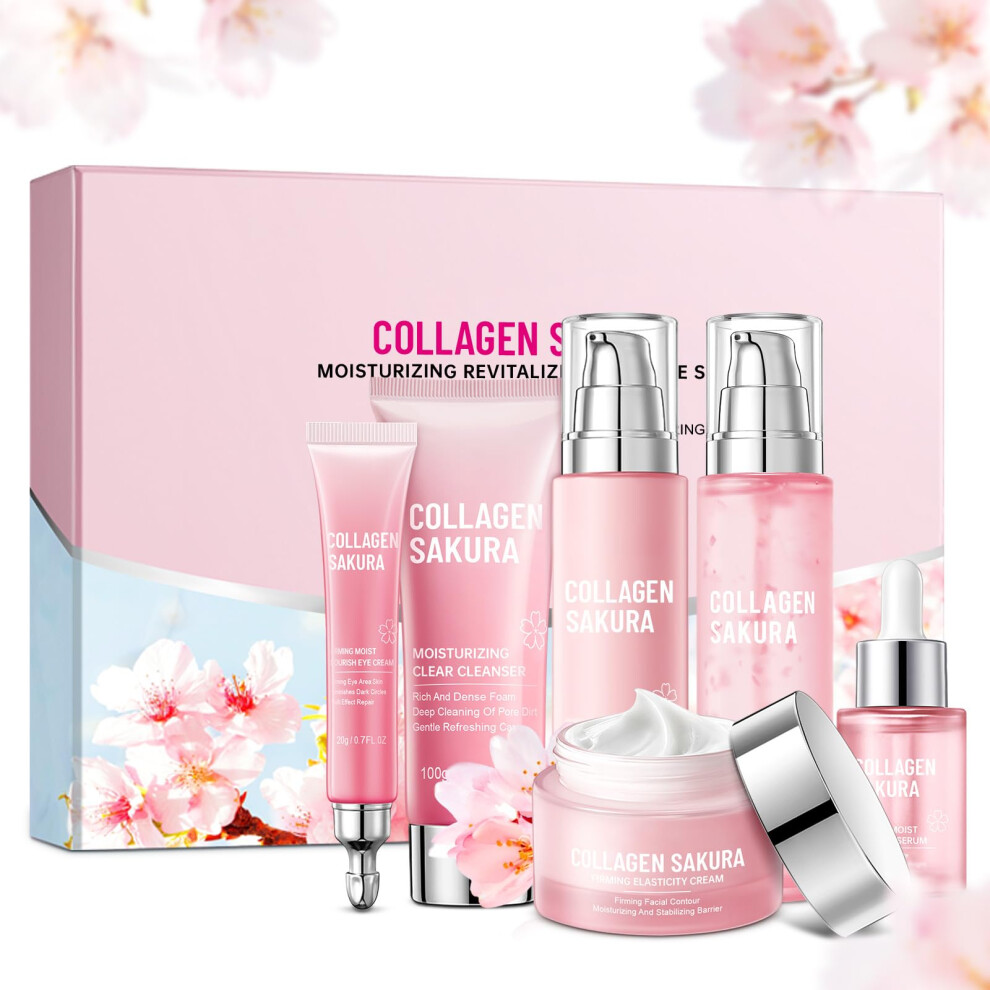 Mopayzer Sakura Skin Care Set For Teen Girls Cherry Blossom Skincare Gift Set For Teens & Women Moisturize & Repair Skin 6 Pcs Collagen Skin Care Kits